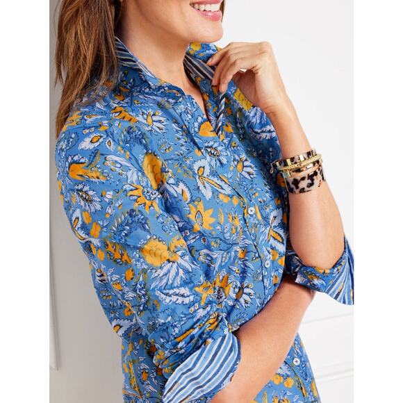 Talbots Button Up Shirt Size 2X Collared Blue Yellow Watercolor Botanical Cotton - Picture 2 of 12
